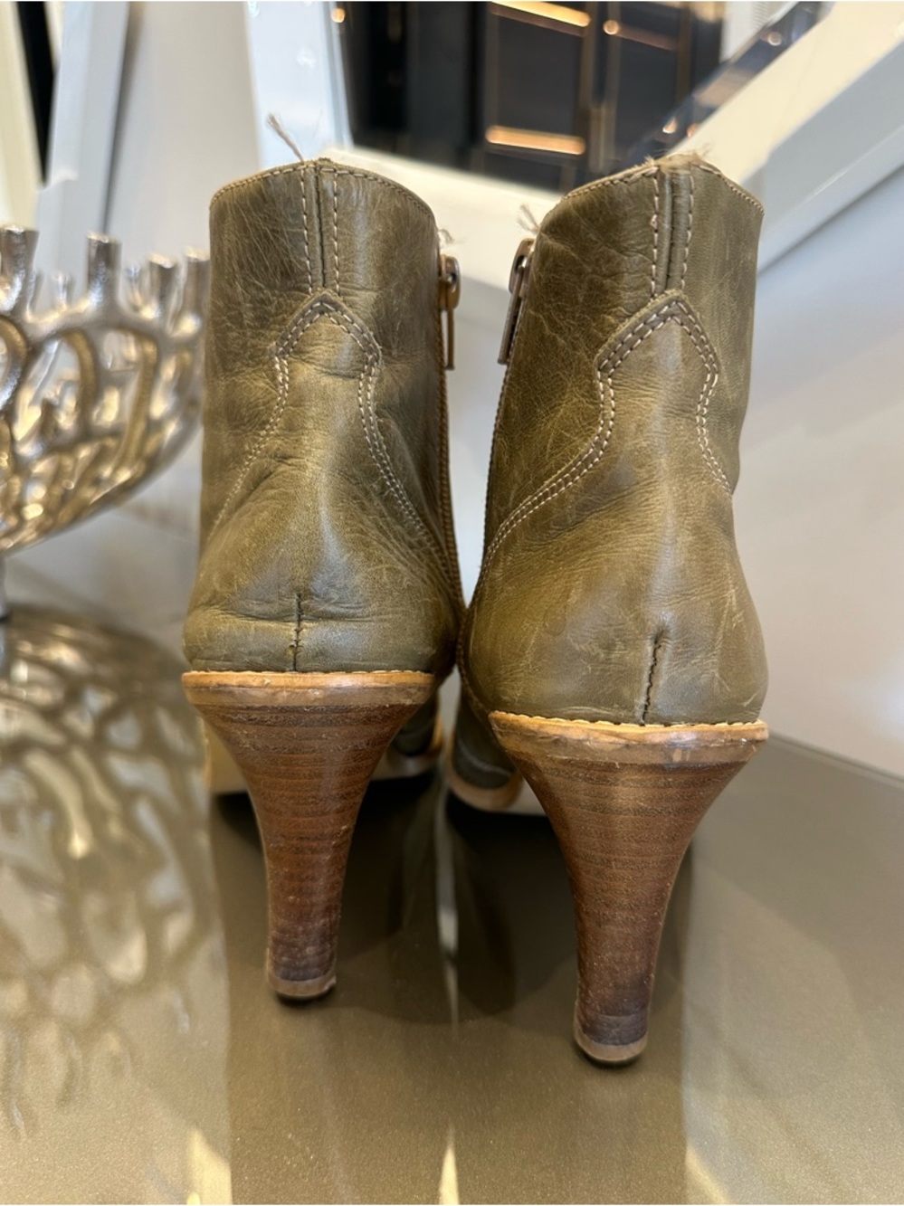 Zara Green Pointed Toe Western Cowgirl Made in Spain Leather Ankle Booties- 38 - Picture 3 of 7